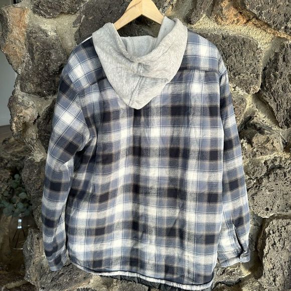 Men’s Wrangler Authentics Quilted Flannel Hoodie Long Sleeve Blue Plaid Large - Picture 3 of 4